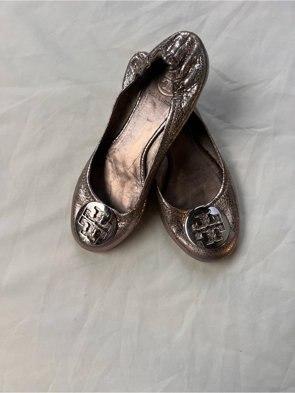 Tory Burch Reva Metallic Leather Ballet Flats Logo Stretch Back 6 6.5 Balletcore
